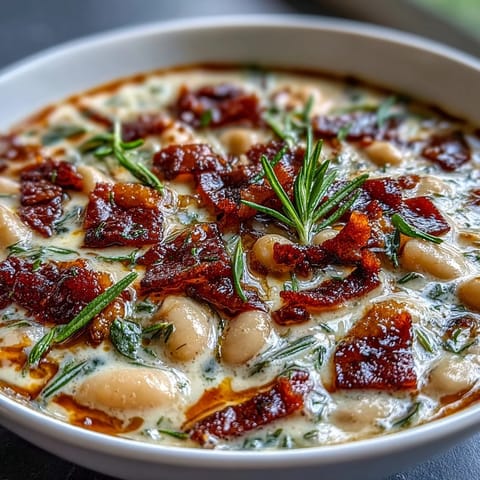 Creamy white bean soup with bacon and rosemary, garnished with crispy bacon bits and fresh parsley.