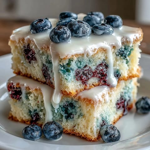 A vibrant sheet cake dotted with fresh blueberries and topped with a zesty lemon icing, ideal for festive gatherings.