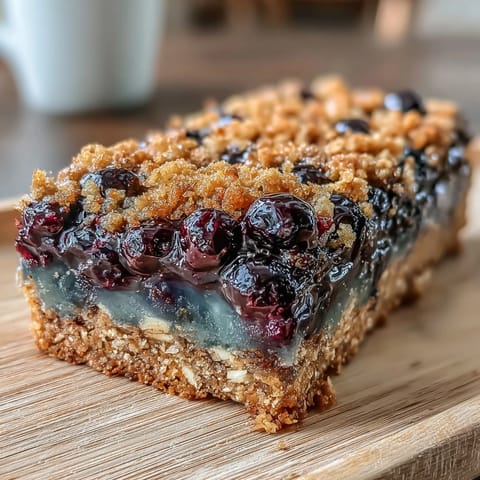 Wholesome blueberry oat breakfast bars with juicy berries and golden crumbly topping, perfect for busy mornings.  