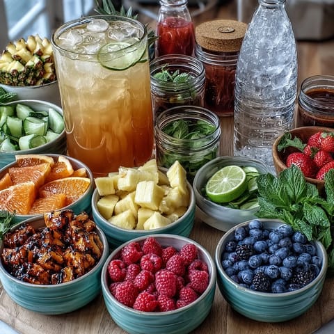 A vibrant lemonade bar with fresh lemon slices, colorful berries, and mint leaves for guests to create their own summer drinks.