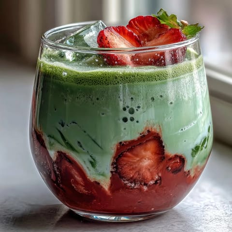 A vibrant iced strawberry matcha latte with vanilla sweet cream, layered with fresh strawberry puree and green tea matcha.  