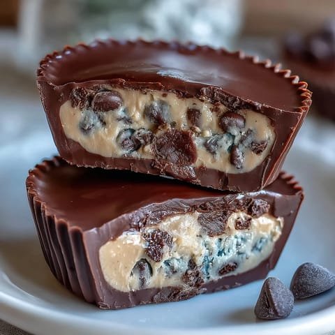 Indulgent homemade peanut butter cups stuffed with creamy eggless chocolate chip cookie dough, perfect for sweet cravings.