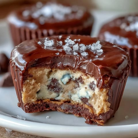Rich peanut butter cups with a hidden center of edible chocolate chip cookie dough, a dream dessert for peanut butter lovers.
