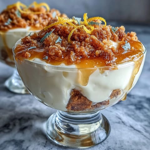 Fluffy Yogurt Lemon Parfait with Sourdough Crumb Topping: creamy Greek yogurt, tangy lemon curd, and buttery sourdough crumb layers in a refreshing dessert.