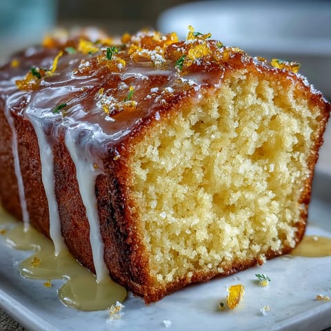 Zesty lemon pound cake infused with Limoncello liqueur, drizzled with tangy lemon glaze for a refreshing treat.  