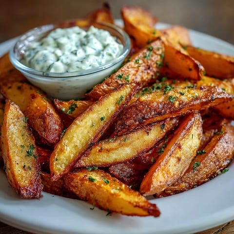 Air fryer sweet potato fries with garlic aioli, golden and crispy, served with a zesty creamy dipping sauce for a healthy snack.  