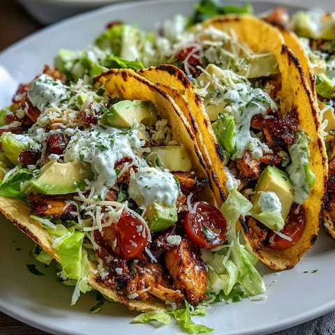 Healthy Easy Taco Salad Bowls with Greek Yogurt Ranch, layered with seasoned turkey, fresh vegetables, and creamy dressing in crispy tortilla bowls.