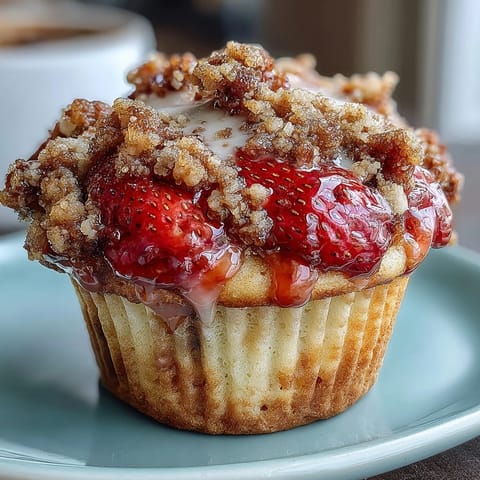Fresh strawberry muffins with golden crumble topping, bursting with juicy berries and a buttery finish for a perfect breakfast treat.