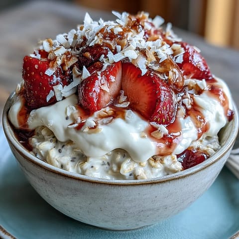 Healthy Easy Overnight Oats with Strawberry and Chia, a vibrant breakfast bowl with creamy oats, juicy berries, and crunchy chia seeds.