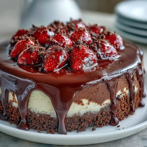 Easy Dubai Chocolate Strawberry Cheesecake Cups with rich chocolate base and fresh strawberry topping in elegant dessert cups.