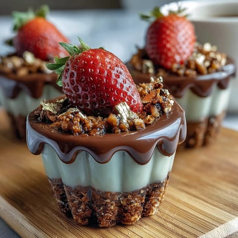 Dubai Chocolate Strawberry Cups with Kataifi and Pistachio Cream: golden kataifi nests filled with dark chocolate, pistachio cream, and fresh strawberries.