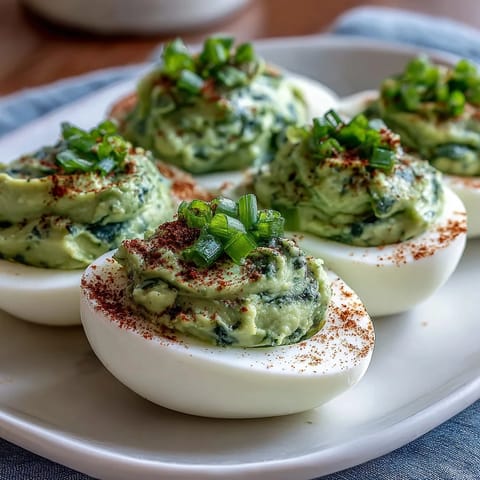 Creamy green avocado deviled eggs garnished with fresh herbs, perfect for spring parties and healthy snacking.  