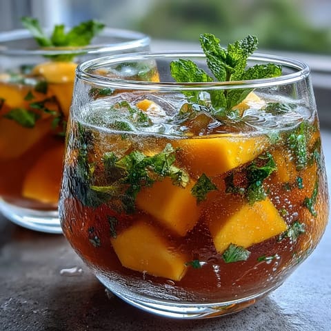 Mango Peach Iced Tea with Mint: vibrant, chilled glass of fruity tea with fresh mint leaves and peach slices.