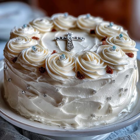 Elegant First Communion Cake with white roses and cross topper, perfect for a sacred celebration.