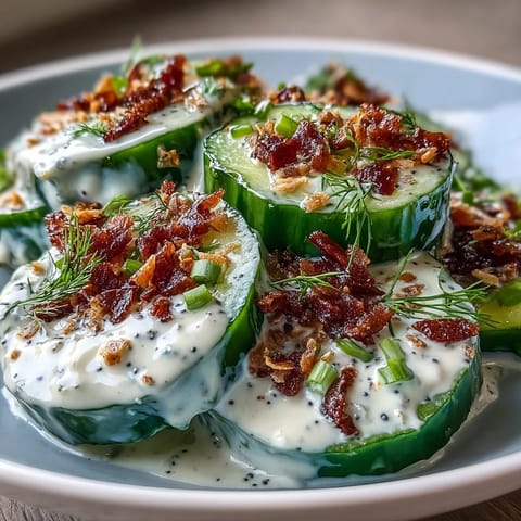 Close-up of crisp TikTok Cucumber Salad with everything bagel dressing.
