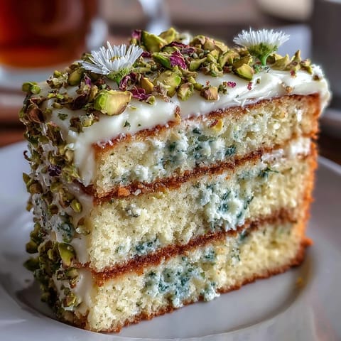 Close-up of a generously frosted Spring Birthday Lemon Pistachio Layered Cake.