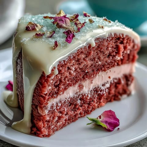 Elegant pink velvet cake infused with rosé wine, topped with shimmering gold drip for a bridal shower celebration.  
