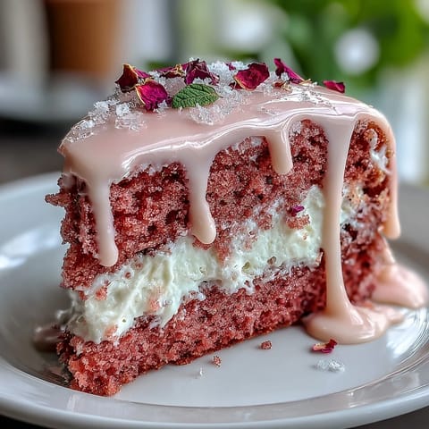 Rosé velvet cake with silky buttercream frosting and edible gold accents, perfect for a sophisticated bridal shower dessert.  