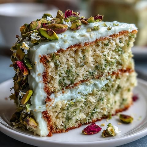 Bright Spring Birthday Lemon Pistachio Cake with creamy frosting and crunchy nuts.
