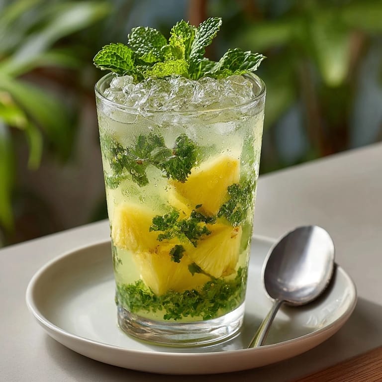 Homemade Pineapple Mint Iced Green Tea recipe; see the refreshing drink poured over ice.