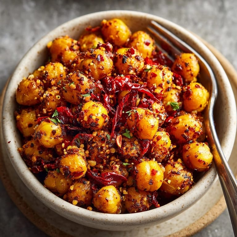 Oven-baked spicy roasted chickpeas recipe, showing a close up, hot and fragrant in the pan.