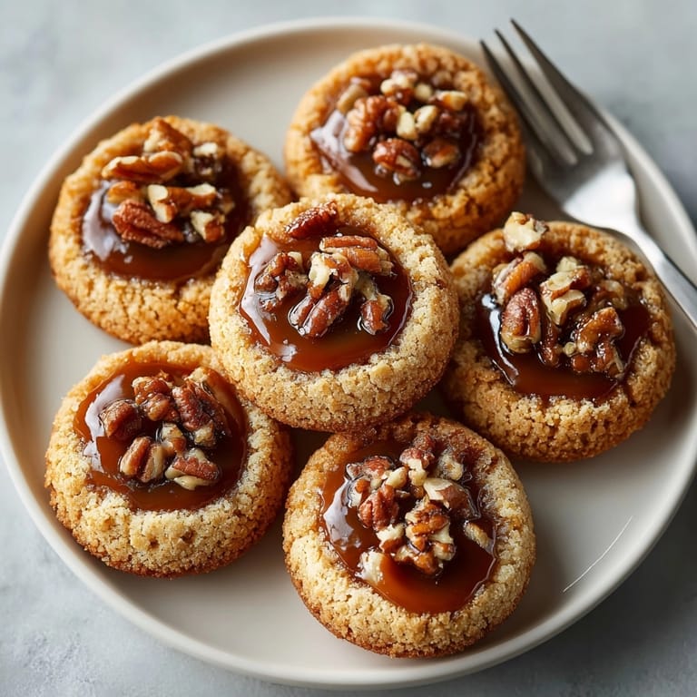 Close-up of warm, delicious Caramel Pecan Thumbprint Cookies, showcasing the rich caramel filling.