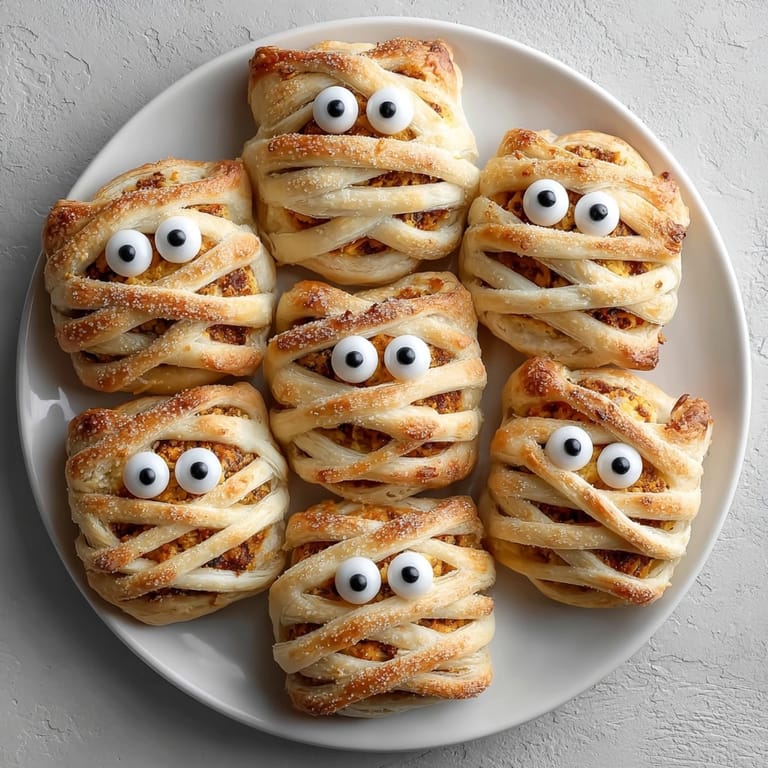 Crisp Mummy Pumpkin Hand Pies with decorative candy eyeballs, a festive spooky treat.