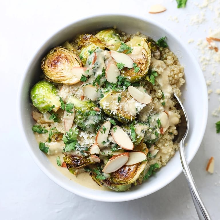 Homemade Alfredo Roasted Brussels Sprouts Bowl, a simple, flavorful vegetarian meal.