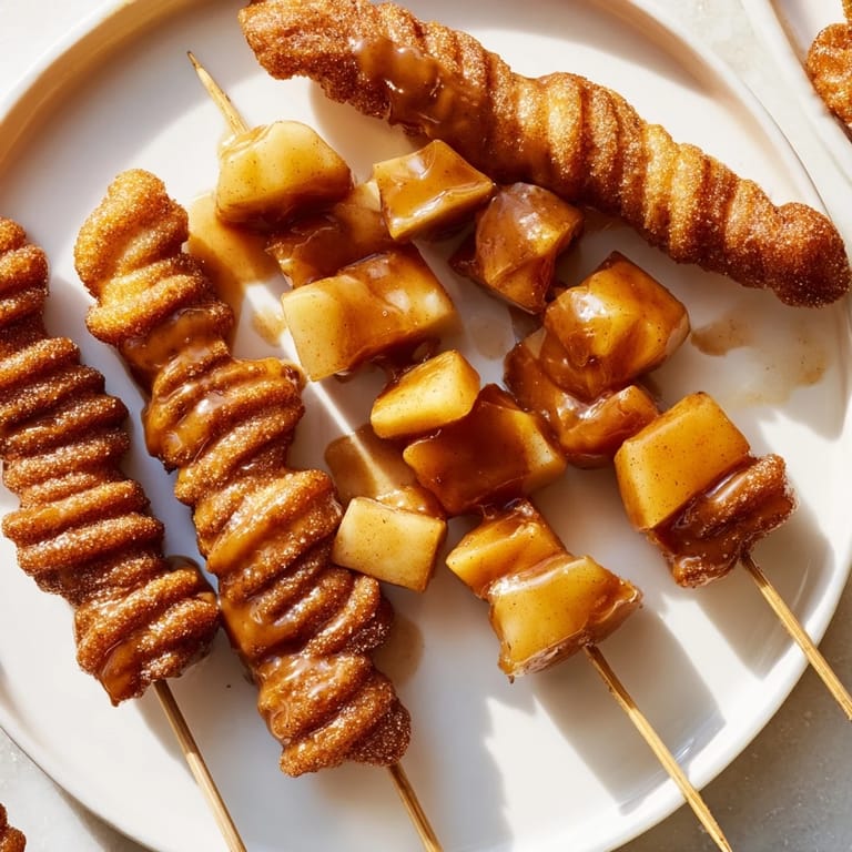 Delicious caramel apple churro skewers, perfect for a fun fall treat!