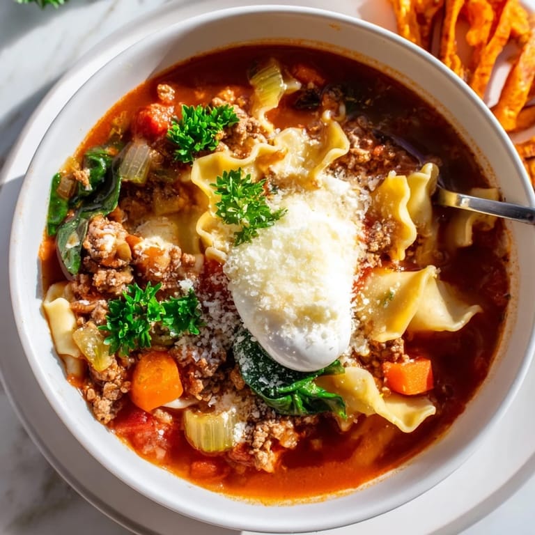 Warm, comforting Lasagne Soup with rich flavors and crispy sweet potato fries.  