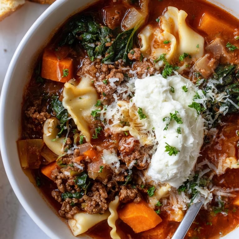 Delicious Lasagne Soup with fresh spinach, paired beautifully with sweet potato fries.