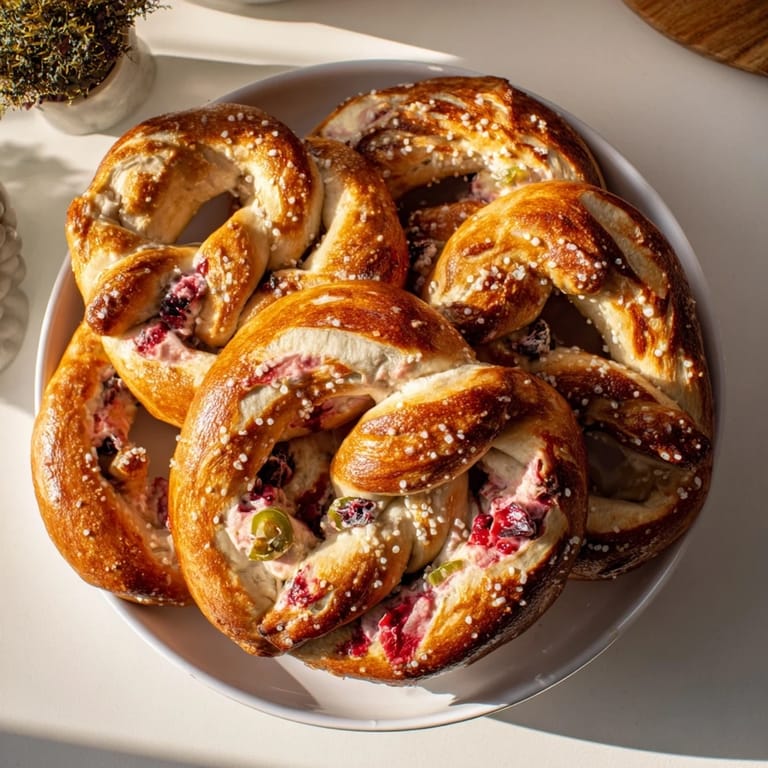 Golden-baked pretzels filled with zesty cranberry jalapeño dip, ideal for festive gatherings.  