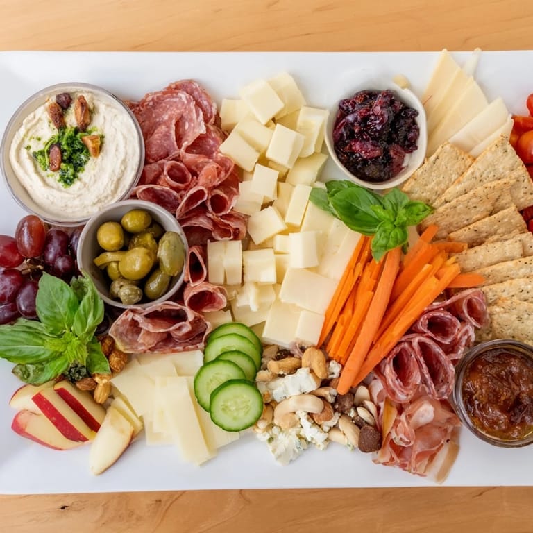 Delightful Girl Dinner Platter arranged with fresh vegetables, cheeses, and tasty snacks.  