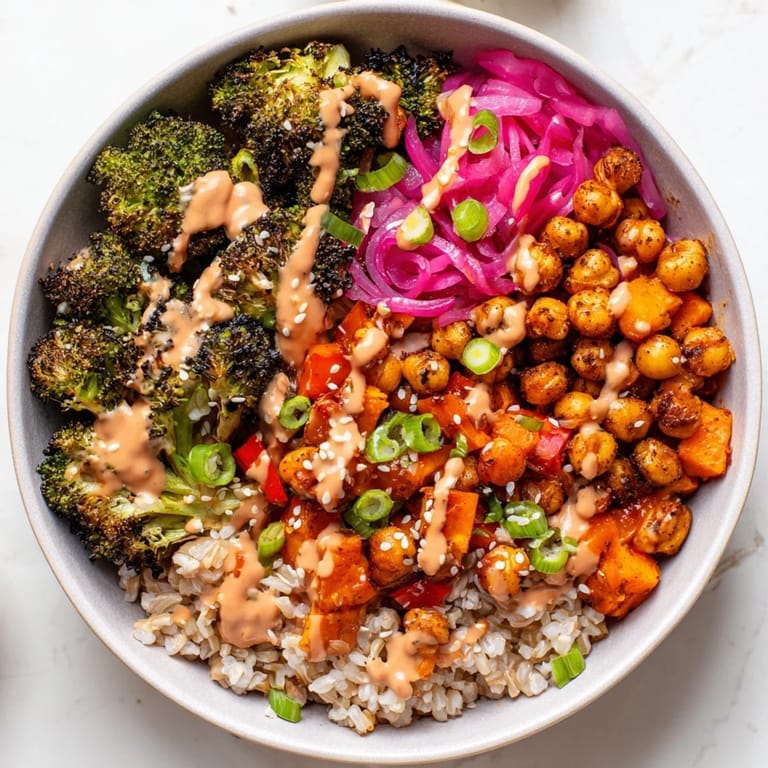 Colorful grain bowls featuring miso-butter sauce with chickpeas and roasted sweet potatoes.  