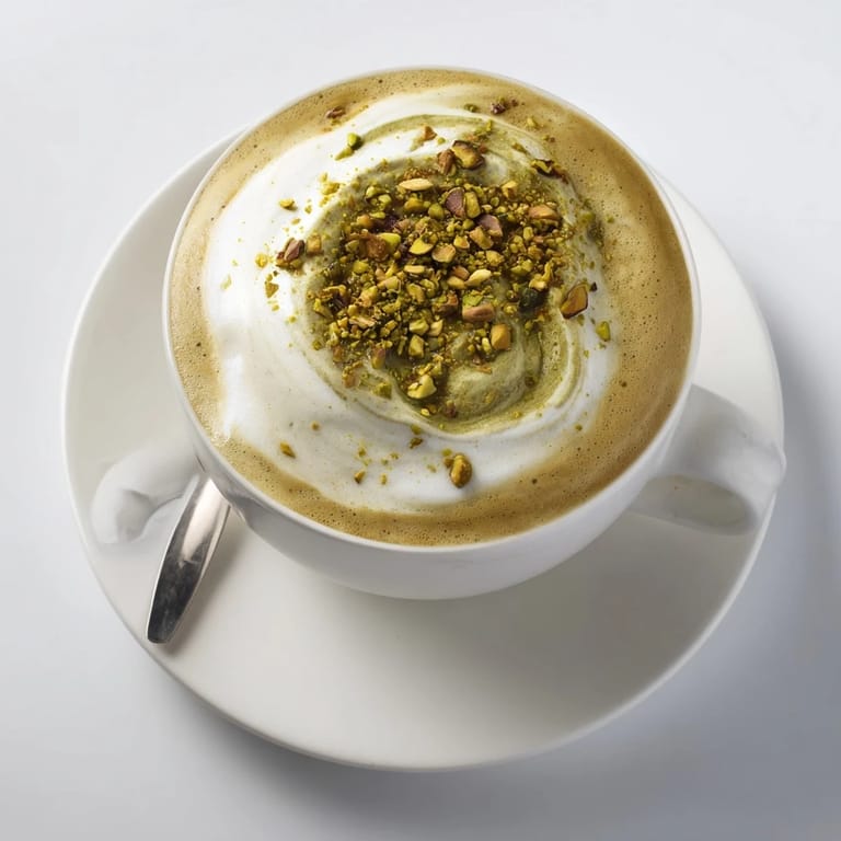 Warm pistachio milk latte, rich espresso, and a sprinkle of crushed pistachios.  