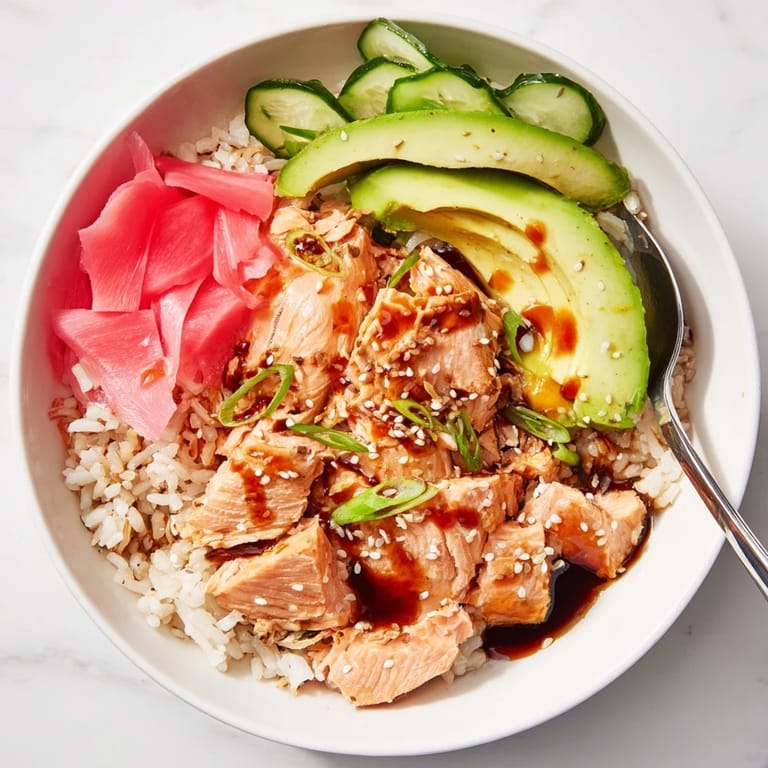 Flavorful Leftover Salmon & Rice Bowl, garnished with pickled ginger and sesame seeds.
