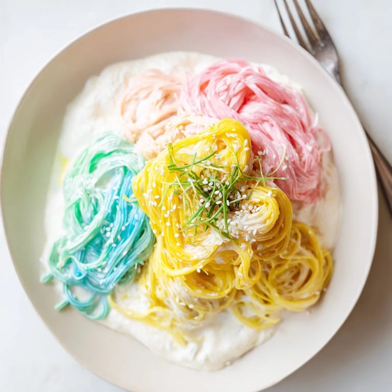 Colorful Neon Noodle Cloud served with scallions and edible flowers for a stunning presentation.