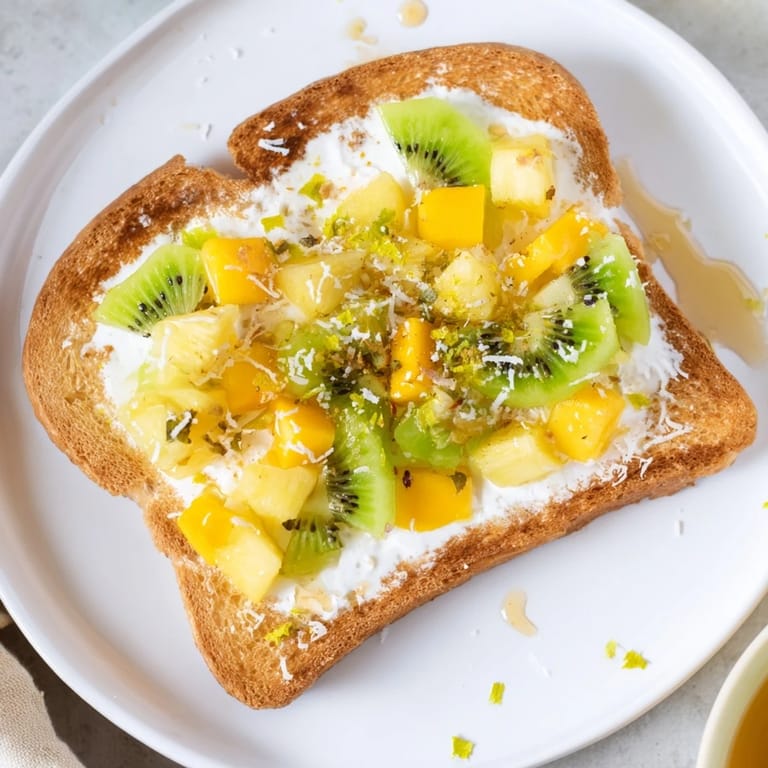 Delicious yogurt-custard toast featuring fresh mango, kiwi, and coconut for sunny mornings.  