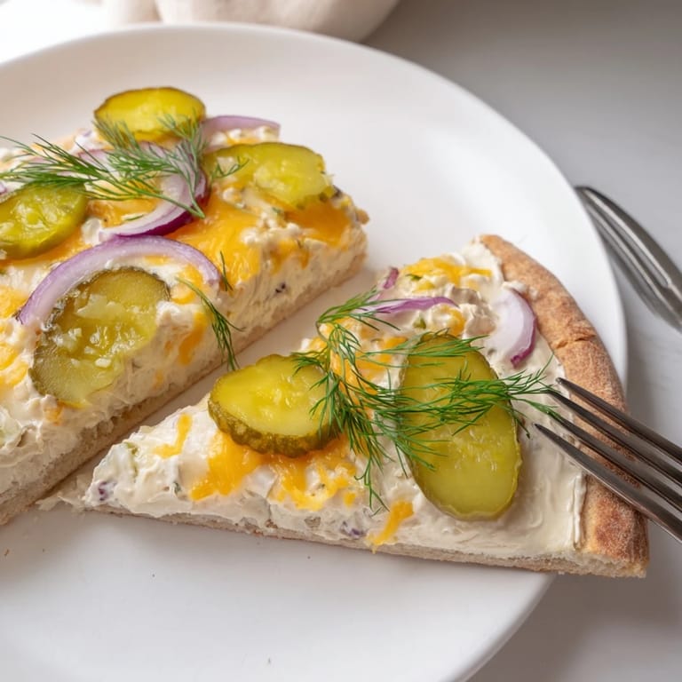 Sizzling hot Pickle Pizza with crunchy pickles and rich crème fraîche sauce, enticing flavors.
