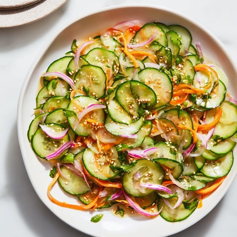 Vibrant cucumber salad remix garnished with toasted sesame seeds for added crunch.  