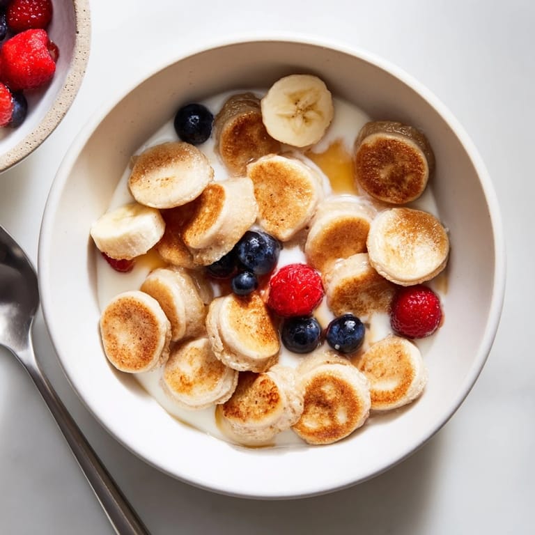 Fluffy yet crispy mini pancake cereal, perfect with milk and sweet toppings.  