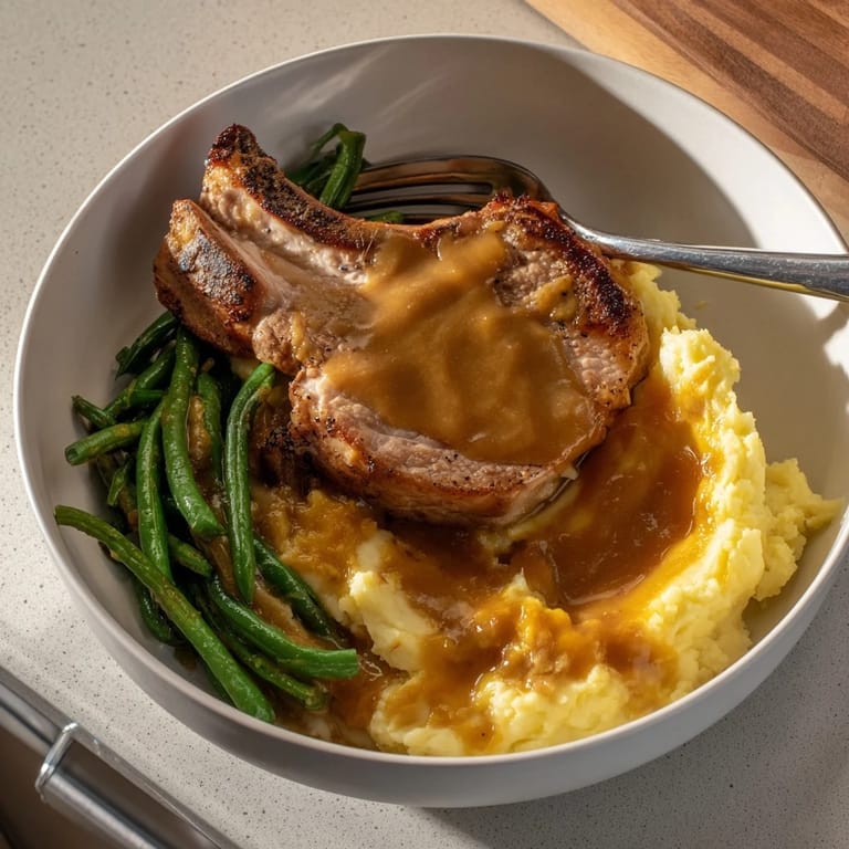 Comforting Pork Chops & Cheddar Mash Bowl, garnished with crisp green beans for flavor.  