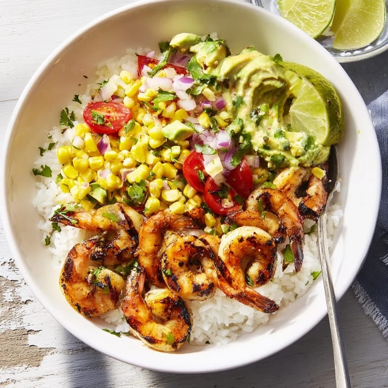 A vibrant shrimp bowl topped with creamy avocado corn salsa over fluffy rice.  