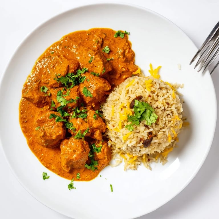 Tender chicken in rich butter chicken sauce, paired with aromatic basmati rice.  