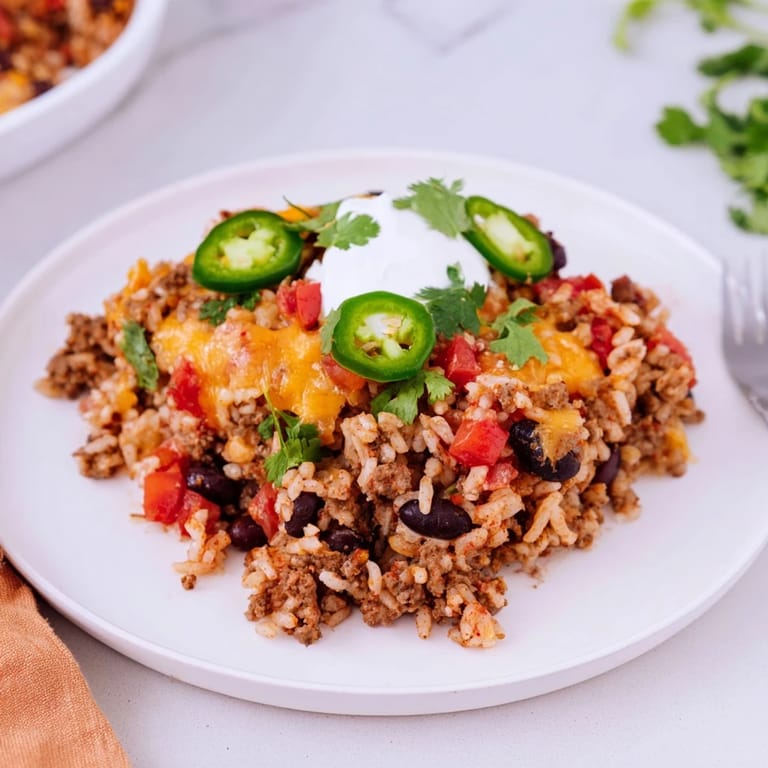 Savor the comforting Tex-Mex Beef & Rice Casserole, bursting with flavors and textures.  