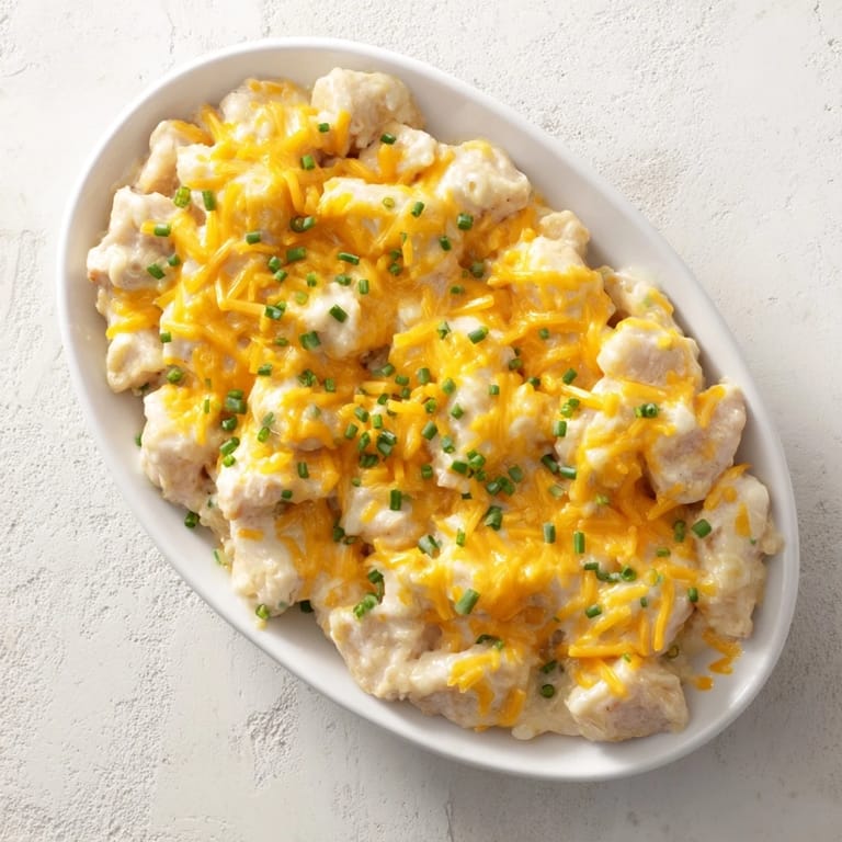A close-up of a creamy Cheddar Ranch Chicken Bake, boasting melted cheese and juicy chicken.