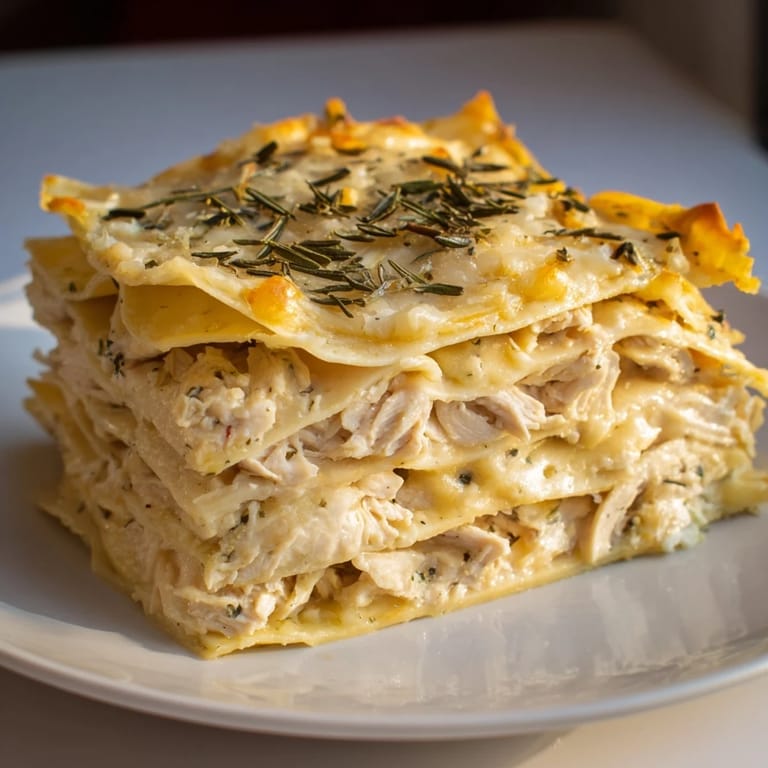 A comforting photo shows golden and bubbly Rosemary Chicken Lasagna fresh from the oven, ready to serve.