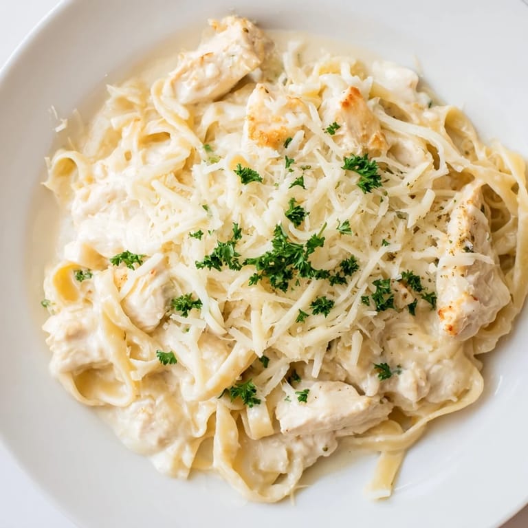 This Chicken Fettuccine Alfredo Bake shows a casserole topped with melted mozzarella and Parmesan, ready to serve.