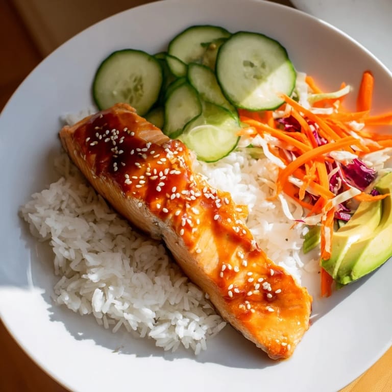 A Sweet Chili Salmon Rice Bowl, featuring vibrant colors of fresh vegetables and beautifully cooked salmon glistening.