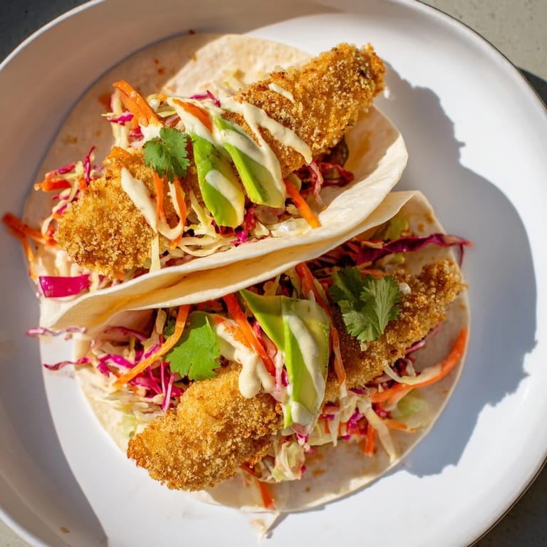 Picture savory Crispy Fish Tacos with a creamy sauce and crunchy slaw, a delightful pescatarian dinner.
